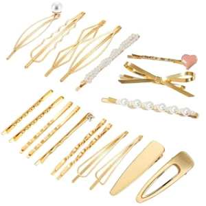 This set features 19 gold hair clips in various geometric styles, perfect for creating beautiful updos and adding a touch of elegance to any hairstyle.