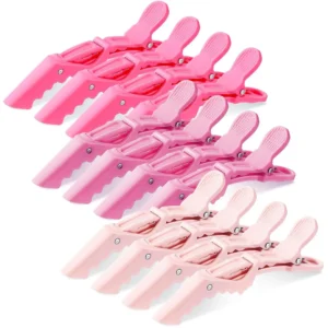 Twelve durable plastic alligator hair clips with a non-slip grip, ideal for sectioning all hair types during styling, coloring, and creating versatile looks.