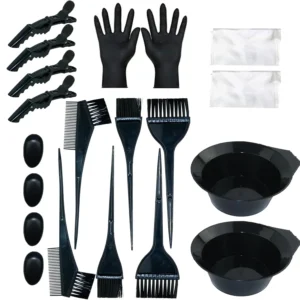 This 20-piece hair coloring kit includes reusable mixing bowls, brushes, clips, gloves, and shawls suitable for all hair types and DIY or salon use.