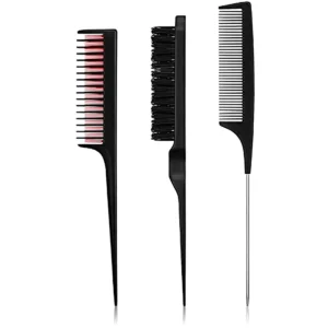 This hair styling comb set includes a teasing brush for adding volume, a rat tail comb for precise styling, and a triple teasing comb for backcombing and creating fuller hairstyles.