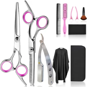 This 11-piece professional hair cutting kit includes stainless steel barber scissors, thinning shears, a straight edge razor, and other essential hairdressing tools for a salon-quality haircut at home.