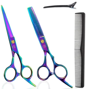 This professional 6.5 inch hair cutting and thinning shears set features razor sharp 440c Japanese stainless steel blades and an ergonomic handle, perfect for men, women, and kids.