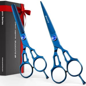 This professional hair cutting scissors and thinning shears set features Japanese stainless steel blades with a blue titanium coating, perfect for barbers, salons, women, and men.