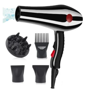 A powerful 2000W TDOO hair dryer with concentrator nozzle and diffuser, ideal for salon and personal use, offering four airflow settings.