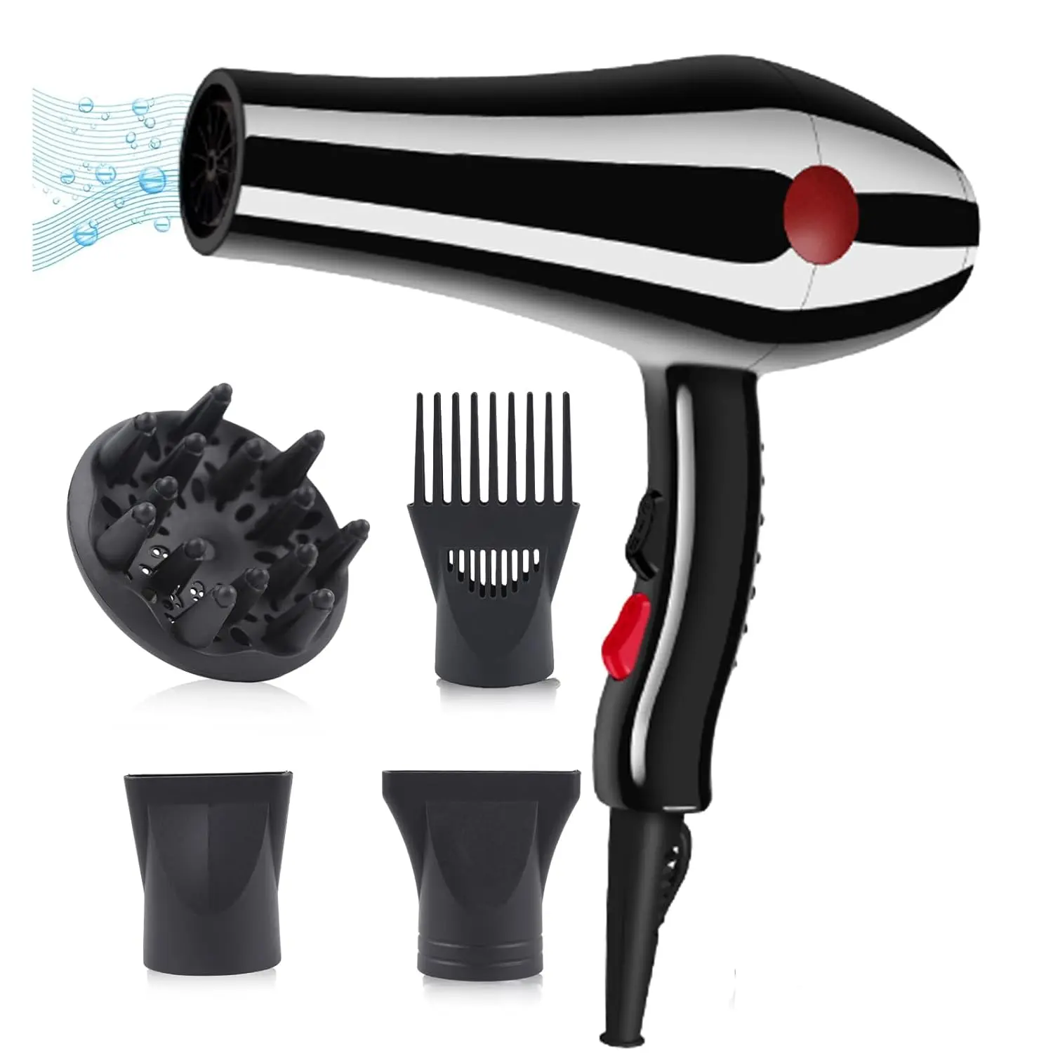 A powerful 2000W TDOO hair dryer with concentrator nozzle and diffuser, ideal for salon and personal use, offering four airflow settings.