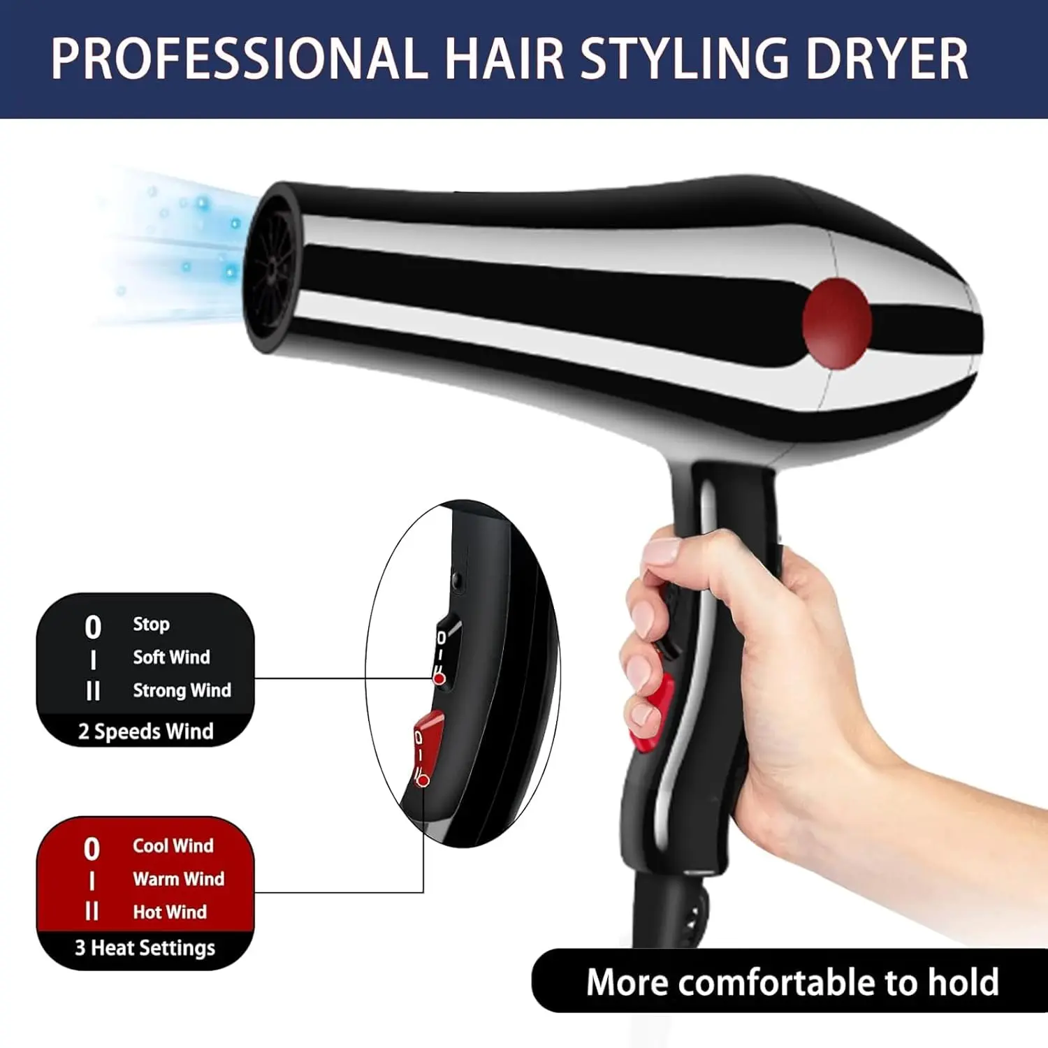 A powerful 2000W TDOO hair dryer with concentrator nozzle and diffuser, ideal for salon and personal use, offering four airflow settings.