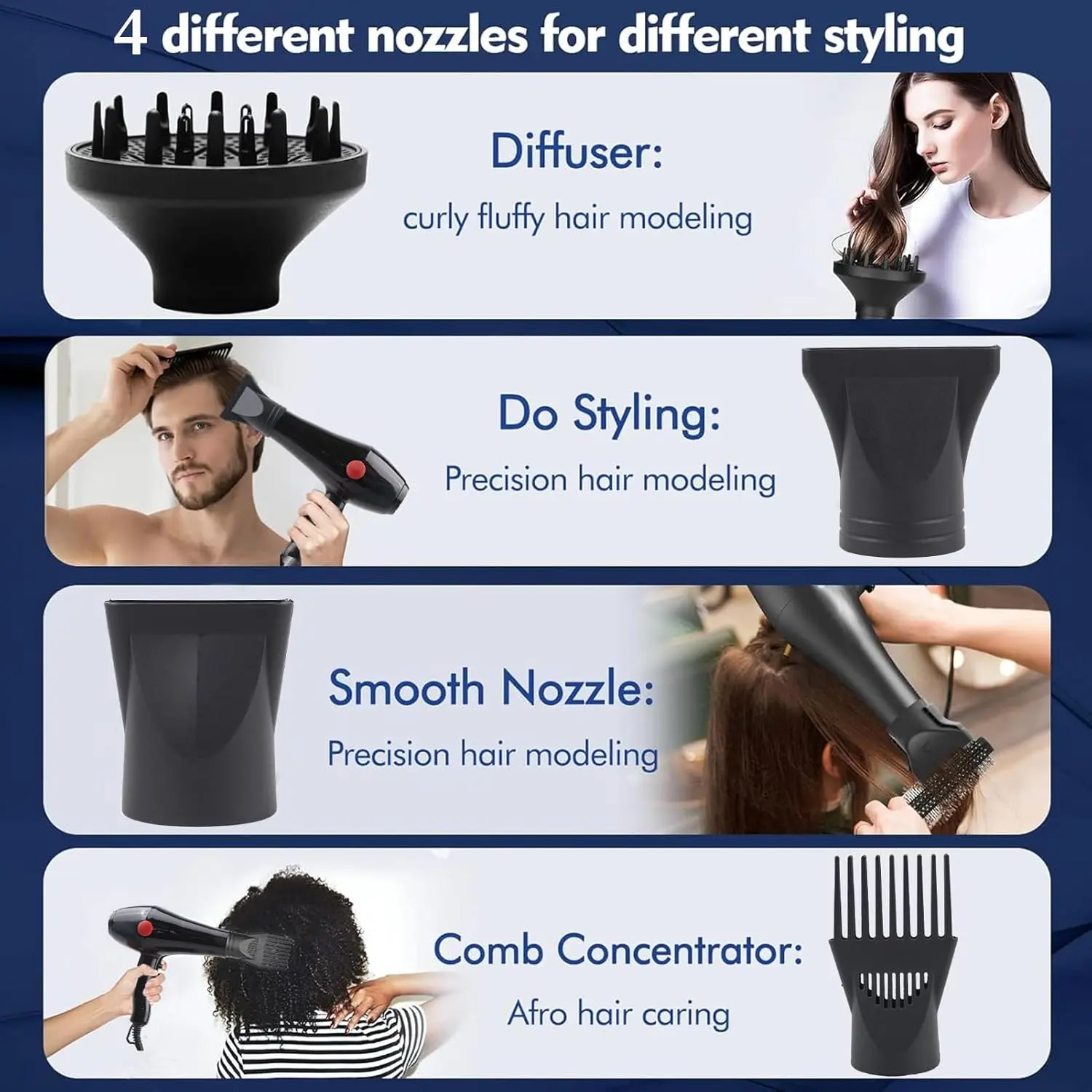 A powerful 2000W TDOO hair dryer with concentrator nozzle and diffuser, ideal for salon and personal use, offering four airflow settings.