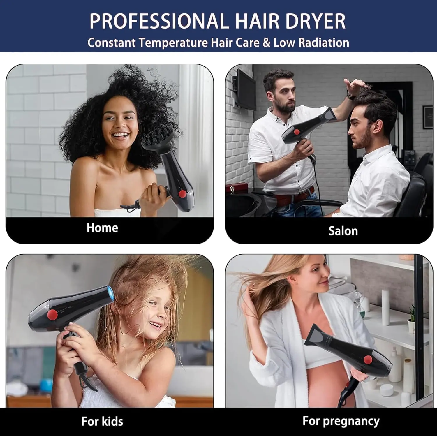 A powerful 2000W TDOO hair dryer with concentrator nozzle and diffuser, ideal for salon and personal use, offering four airflow settings.