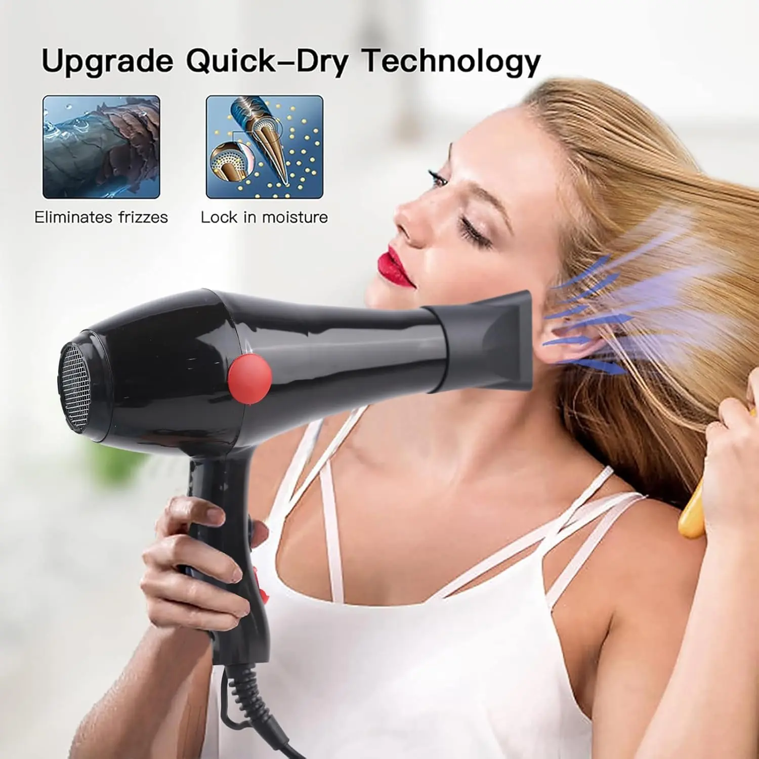 A powerful 2000W TDOO hair dryer with concentrator nozzle and diffuser, ideal for salon and personal use, offering four airflow settings.