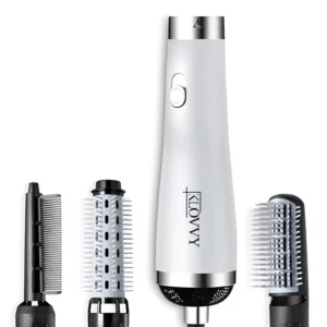 One-step hot air hair dryer brush with three interchangeable attachments for volumizing, smoothing, and straightening all hair types.