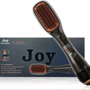 The Joy Professional 3-in-1 hair styling brush dries, straightens, and volumizes hair with ionic technology, featuring multiple heat settings and an ergonomic design for frizz-free styling.