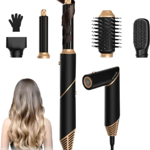 This 5 in 1 hot air hair styler brush dries, curls, straightens, volumizes, and massages the scalp with negative ion technology and ceramic coating.