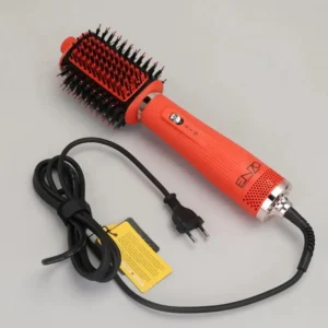 Orange ENZO 4-in-1 hair dryer brush that can dry, straighten, volumize, and style hair, featuring ionic technology and a lightweight design.