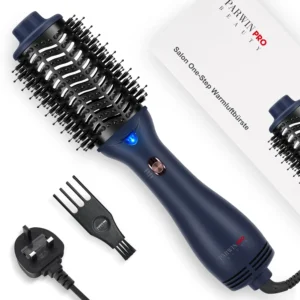 The one-step hair dryer brush in Prussian Blue dries, volumizes, straightens, and styles hair with negative ion technology and adjustable heat settings.