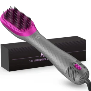 This is a 3 in 1 hair dryer brush that combines a hair dryer, straightener, and volumizer for one-step styling with frizz reduction and multiple heat settings.