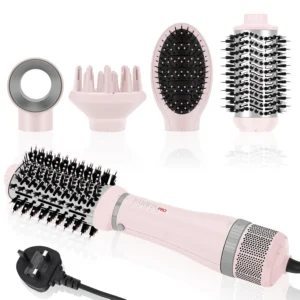 This 4-in-1 hot air styler combines a hairdryer, diffuser, and hot air brush with ionic technology to create frizz-free, volumized, and shiny hair.