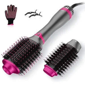 The KinseiBeauty 4-in-1 hair dryer brush, equipped with two interchangeable brush heads and three speed settings, provides powerful 1200W styling for quick drying, straightening, and curling hair at home or while traveling.