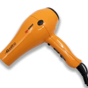 Orange professional hair dryer with ceramic technology, ionic function, UK plug, and two nozzles.
