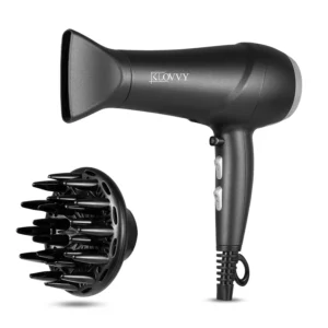 The KLOVVY professional hair dryer with diffuser attachment delivers salon-quality, fast drying and anti-frizz results for creating defined curls and smooth, shiny hair.