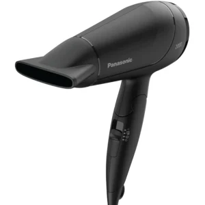 Black Panasonic hair dryer with heat protection mode, a styling nozzle, and a foldable handle for easy storage and travel.