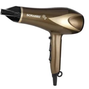The golden Sonashi 2000W hair dryer features hot and cold air settings, a cool shot button, and a nozzle for quick and smooth hair drying.