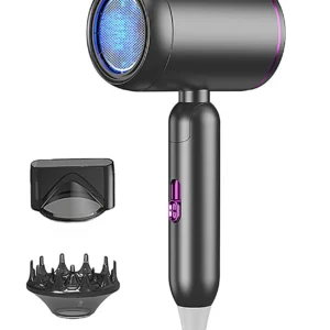 This ionic hair dryer features a powerful motor for fast drying, multiple heat and speed settings, and includes a concentrator, diffuser, and comb attachment for various hair types and styles.