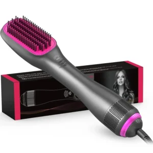 This 3-in-1 hot air brush combines a hair dryer, straightener, and hot comb to dry and smooth hair while reducing frizz with ionic technology and adjustable heat settings for all hair types.