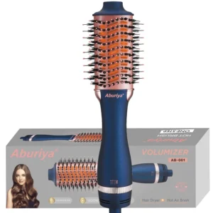 The Aburiya hot air brush dries, straightens, and curls hair while reducing frizz with negative ion technology.