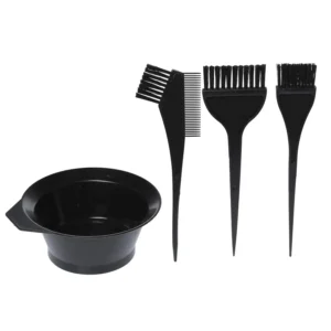 This image shows a 4 piece black hair dye brush kit including a coloring bowl and three different kinds of brushes.