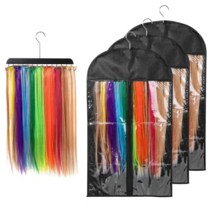 Three hair extension holders with dustproof bags neatly organize and protect wefts, making styling, drying, and storing extensions tangle-free.