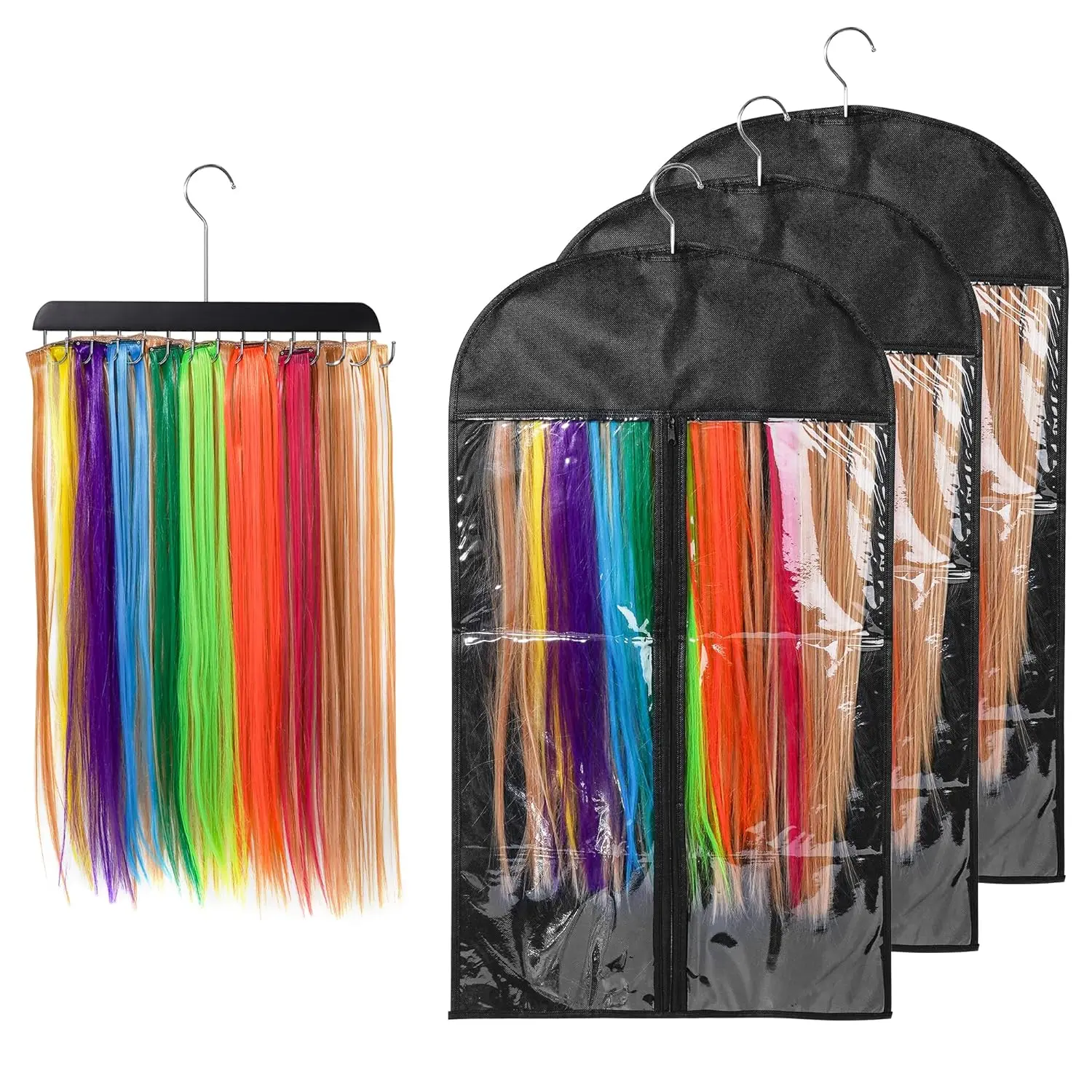 Three hair extension holders with dustproof bags neatly organize and protect wefts, making styling, drying, and storing extensions tangle-free.