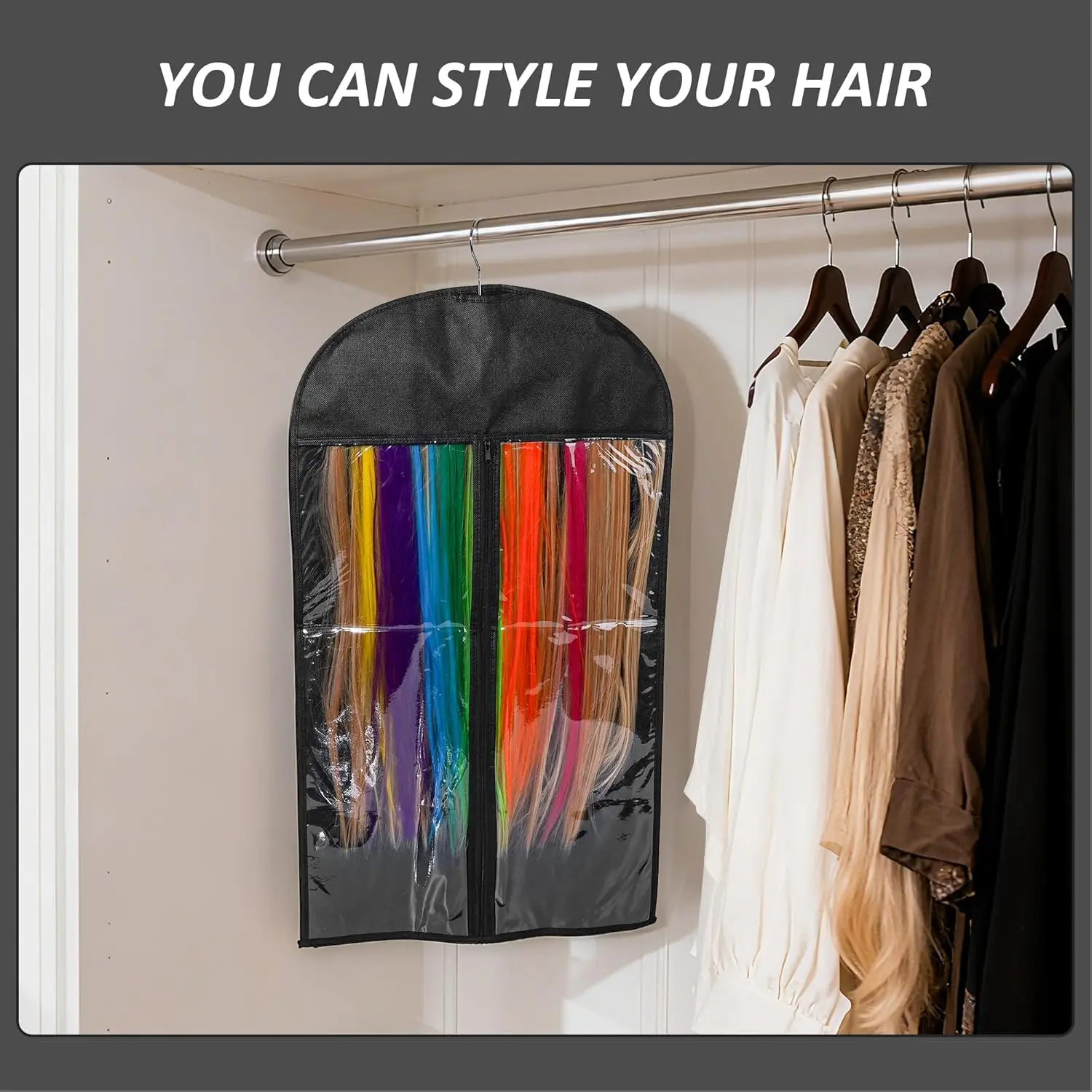 Three hair extension holders with dustproof bags neatly organize and protect wefts, making styling, drying, and storing extensions tangle-free.