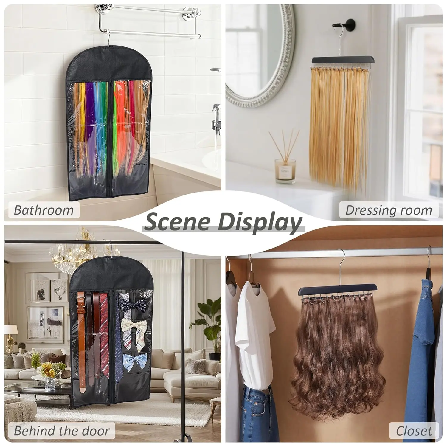 Three hair extension holders with dustproof bags neatly organize and protect wefts, making styling, drying, and storing extensions tangle-free.