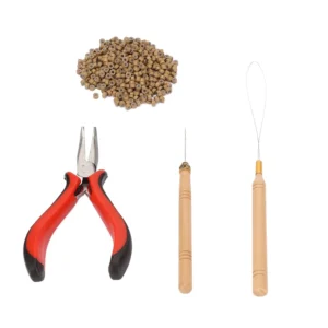 This hair extension kit includes pliers, a hook, and micro beads for professional hair styling and extensions.