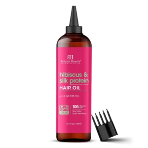 Botanic Hearth hibiscus and silk protein hair oil nourishes and strengthens hair, promoting growth and repairing damage for a healthy scalp and revitalized strands.