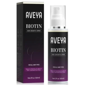 A bottle of hair growth spray with rosemary, batana, and biotin, formulated to help strengthen and thicken hair, and prevent hair loss.