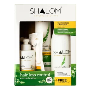 The Shalom hair loss control kit includes shampoo, wash-out conditioner, leave-in conditioner, and a hair mask made with watercress extract and argan oil for thicker, healthier hair.