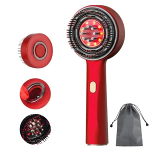 Red cordless electric hair massager brush with oil applicator and comb teeth, providing scalp massage and red light therapy for hair growth.