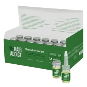 The Hair Addict hair oil treatment vials promote thicker, fuller-looking hair by nourishing the scalp with a traditional Indian-inspired herbal blend.