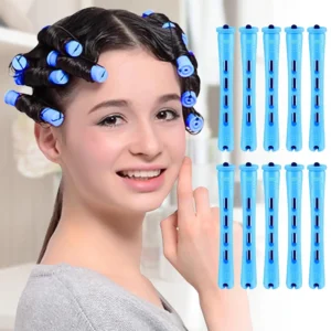 Ten gradient blue non-slip hair perm rods with elastic bands for creating short curls in natural hair are displayed.