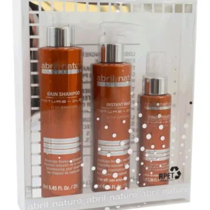 abril et nature Nature Plex hair repair set with shampoo, mask, and serum to prevent breakage and revitalize very treated or damaged hair, resulting in stronger, shinier, and healthier hair with visible results from the first application.