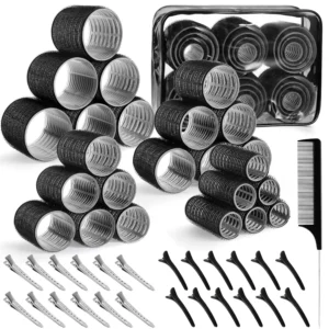 This 50-piece hair roller set includes self-adhesive curlers in four sizes, clips, a rat tail comb, and a storage bag for creating heatless curls for various hair types and styles.