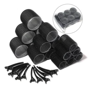This hair rollers set includes rollers, clips, and a storage bag for creating heatless curls on various hair types and lengths.