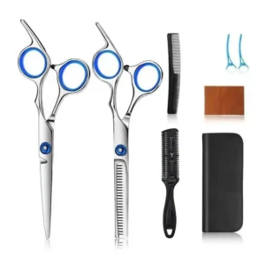A complete eight piece hair scissors kit, including razor edge cutting shears, thinning shears, and texturizing shears, suitable for professional barbers, stylists, and pet grooming.