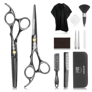 This 12-piece professional hairdressing scissors kit includes thinning shears, cutting shears, clips, and combs, all neatly arranged in a black pouch, suitable for salon use or at-home haircuts for men, women, and children.