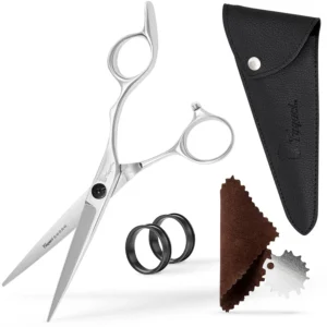 These Fagaci professional hair scissors feature extremely sharp blades for fine cuts, designed for comfortable and precise haircuts.
