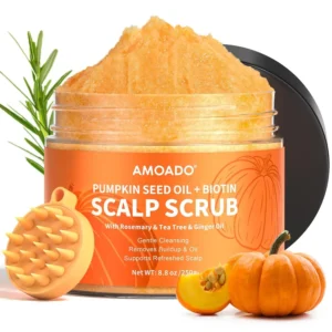 AMOADO hair scrub with pumpkin seed oil, biotin, and rosemary, is a sulfate-free hair treatment to detoxify, remove waste, and stimulate hair growth for all hair types.