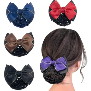 This four-pack of hair snood nets with golden edge bowknot decor comes in black, blue, coffee, and red colors, providing a secure and stylish hair accessory for professional or casual hairstyles.