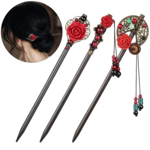 This set features three elegant Japanese and Chinese-inspired wooden hair sticks adorned with retro flower and glass bead accents, perfect for creating stylish and secure updos in medium to long hair.