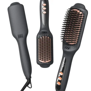 LANDOT hair straightener brush with ceramic and negative ion technology for smoothing and straightening all hair types, eliminating frizz and adding shine.